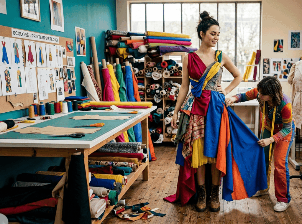 Photo prise dans l'atelier, avec un personne coloré qui teste des tissus